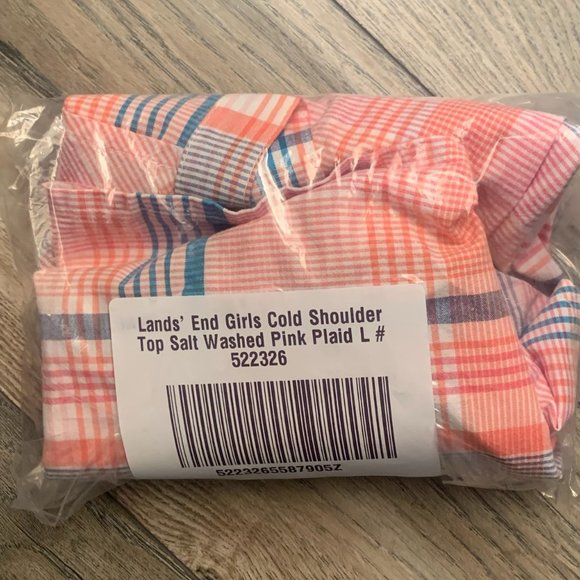 NWT LANDS' END GIRL'S COLD SHOULDER TOP SALT WASHED PINK PLAID LARGE 10-12 - Picture 3 of 7